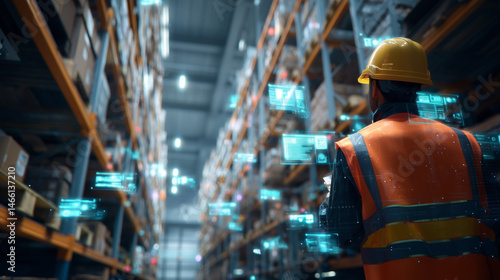 Warehouse worker using AR to manage inventory, glowing data overlays, smart logistics interface and item tracking system between tall shelves