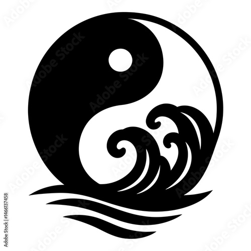 Yin Yang with Ocean Waves. vector: Ideal for use as a tattoo, icon, web graphic design, and infographic concepts."