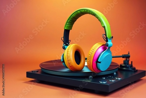 Colorful headphones near a vintage record player, nostalgic, hobby, classic