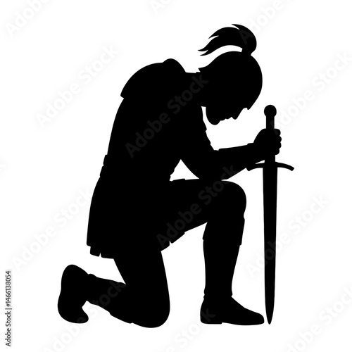 Kneeling Warrior in Silent Vow.eps vector: Ideal for use as a tattoo, icon, web graphic design, and infographic concepts."