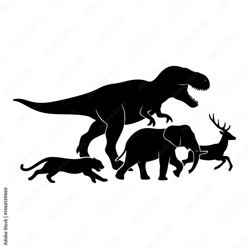 Naklejka premium Prehistoric Chase in Silhouette. animal vector: Ideal for use as a tattoo, icon, web graphic design, and infographic concepts.