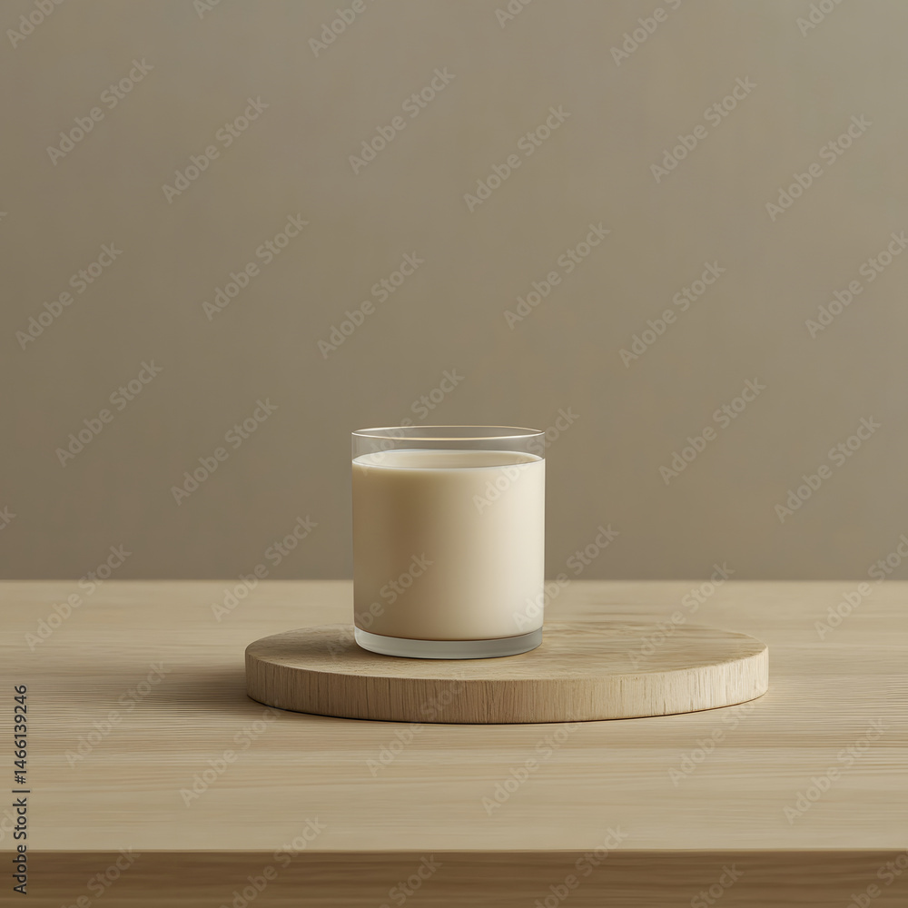Minimalist layout soy milk in glass placed at center smooth wooden surface with neat pile of soybeans, captured in natural light to represent plant-based nutrition and clean design