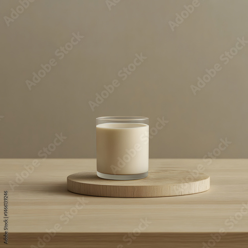 Obraz na płótnie Minimalist layout soy milk in glass placed at center smooth wooden surface with neat pile of soybeans, captured in natural light to represent plant-based nutrition and clean design w salonie