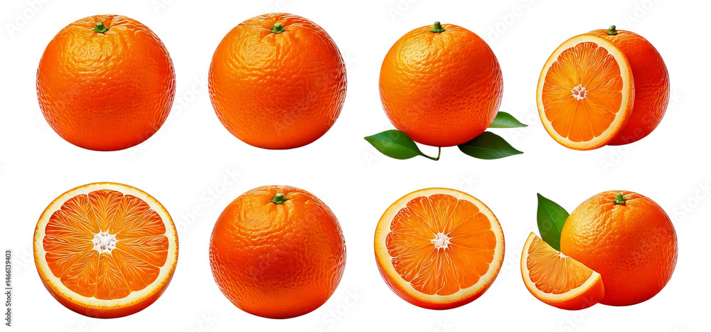 Fresh and Juicy Oranges in Various Arrangements with Leaves, Isolated on Transparent, white background Fresh and Juicy Oranges in Various Arrangements with Leaves, Isolated on Transparent, white background