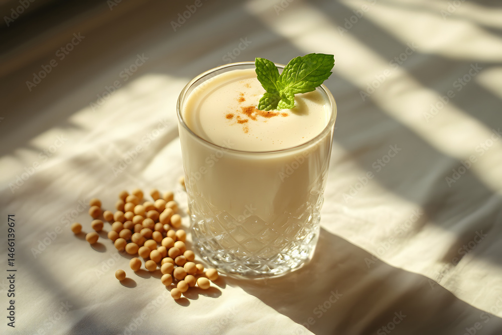 Soy milk in transparent glass with fresh mint on top and soybeans gently arranged on wooden surface, captured natural morning light to highlight plant-based nutrition and elegance