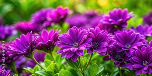 Close-up view of vibrant purple flowers with green foliage in a garden setting