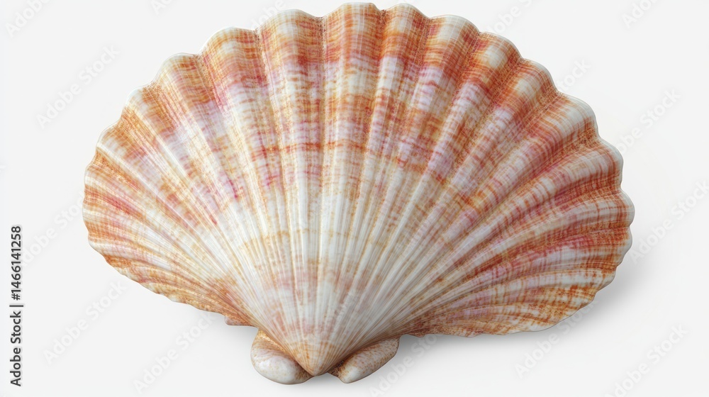 A scallop shell, displaying intricate, orange-and-white patterns, sits on a plain white background. The shell's ridges radiate outwards, showcasing natural beauty A scallop shell, displaying intricate, orange-and-white patterns, sits on a plain white background. The shell's ridges radiate outwards, showcasing natural beauty
