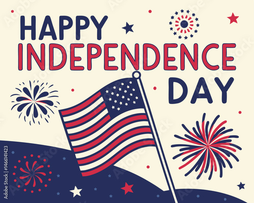 Celebrating American Independence: A vibrant illustration of a waving flag amidst festive fireworks and celebratory text, embodies the spirit of American independence.