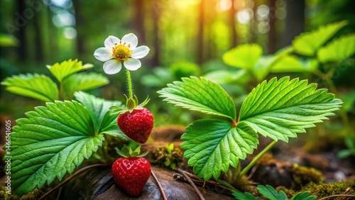 Obraz na płótnie Lush green leaves and delicate flowers surround a juicy red wild strawberry fruit on a forest forest floor w salonie