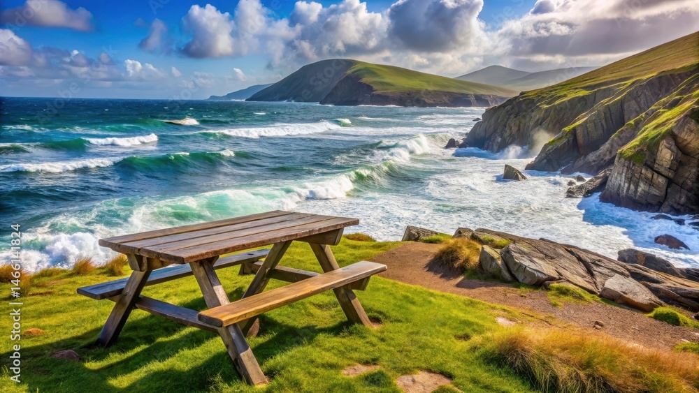 A wooden picnic table sits on a rocky shoreline overlooking the Atlantic Ocean at Slea Head Beach in Ireland with sea foam and waves gently lapping against it