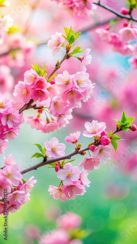 Delicate cherry blossom branches with vibrant pink flowers and soft green leaves in a serene garden setting