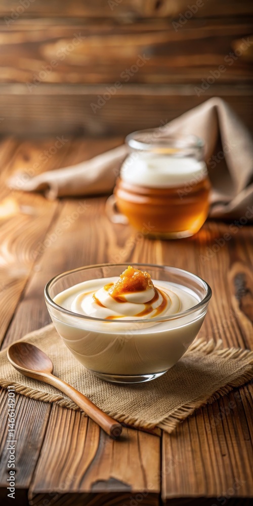 A bowl of creamy white yogurt with a drizzle of warm golden honey on top sits on a wooden table