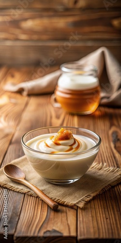 Obraz na płótnie A bowl of creamy white yogurt with a drizzle of warm golden honey on top sits on a wooden table w salonie
