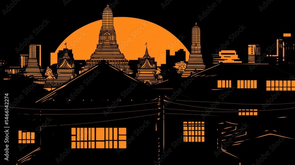 Naklejka premium Retro pixelated cityscape with vibrant sunset evoking nostalgia and vintage gaming aesthetic evoking a digital dreamscape