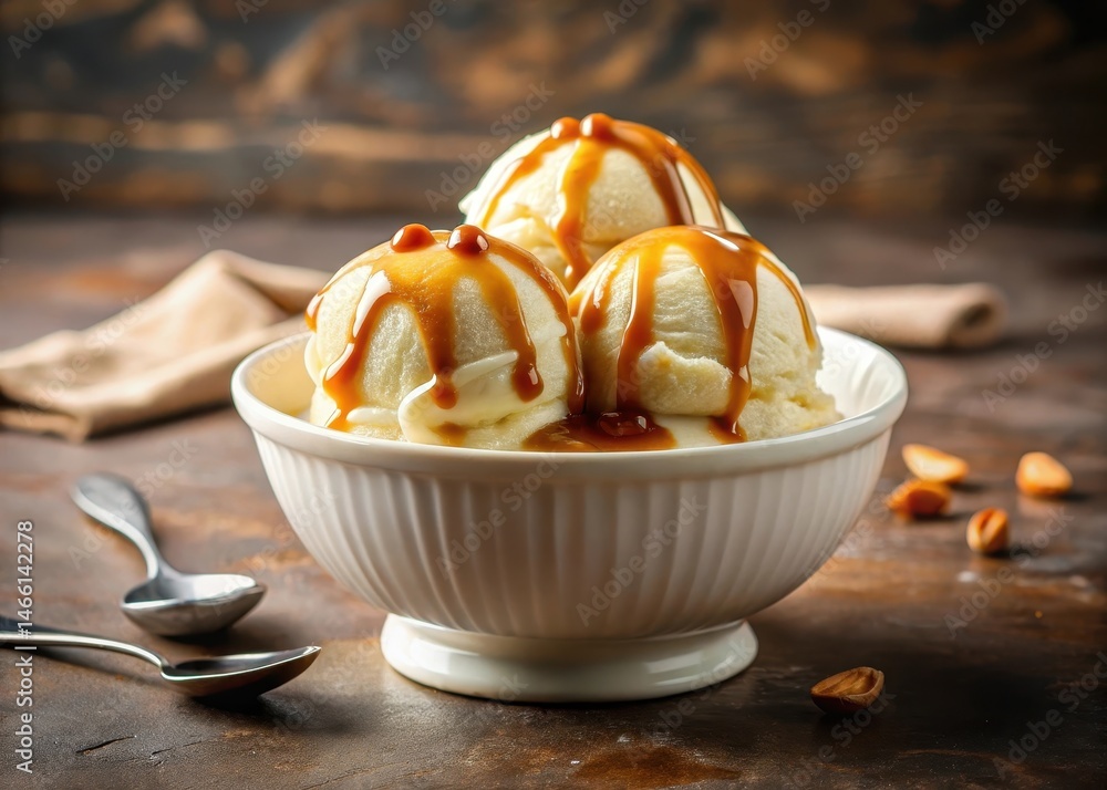 Creamy vanilla ice cream with a splash of rich caramel sauce inside a bowl