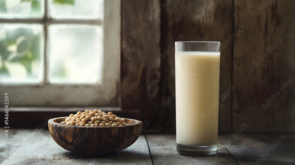 Soy milk served in tall glass beside small wooden bowl of soybeans on weathered table, capturing rustic kitchen setting with plant-based nutrition in natural light and warm earth tones