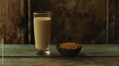 Obraz na płótnie Soy milk served in tall glass beside small wooden bowl of soybeans on weathered table, capturing rustic kitchen setting with plant-based nutrition in natural light and warm earth tones w salonie