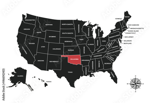 Oklahoma , USA, vector map isolated on United states map. Editable blank vector map of USA.