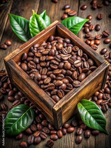 Obraz na płótnie Dark brown coffee beans in a wooden container with aromatic leaves and twigs surrounding them w salonie