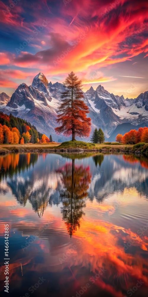 A lone tree stands against a vibrant red autumn sky in the French Alps