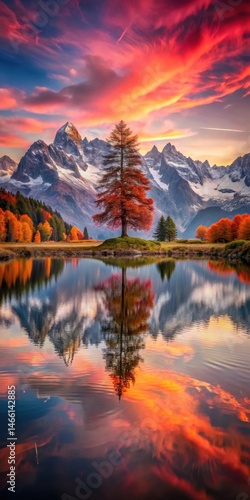 Obraz na płótnie A lone tree stands against a vibrant red autumn sky in the French Alps w salonie