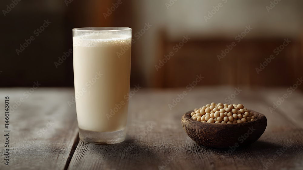Soy milk served in tall glass beside small wooden bowl of soybeans on weathered table, capturing rustic kitchen setting with plant-based nutrition in natural light and warm earth tones
