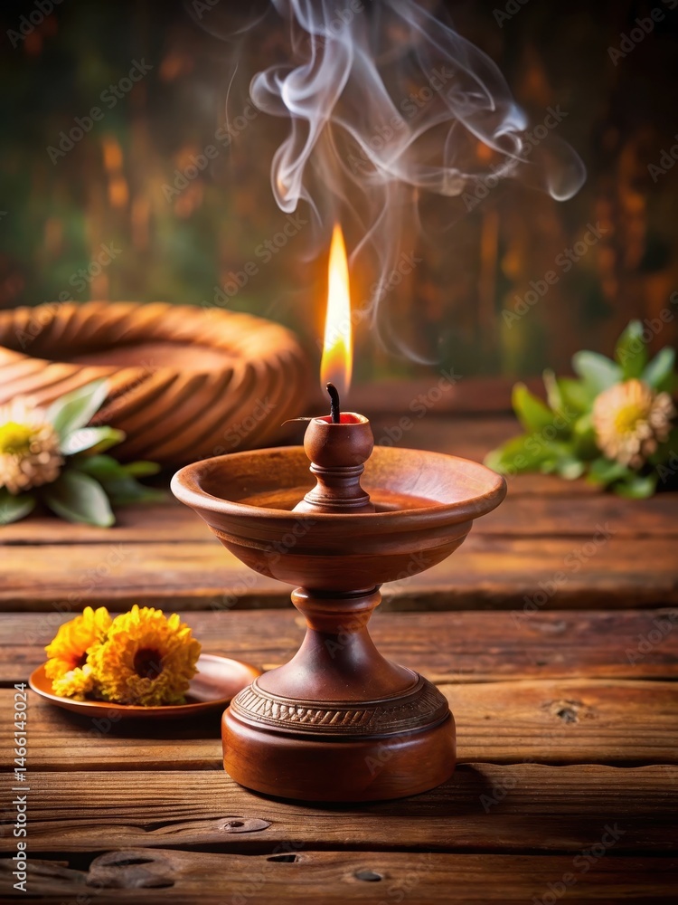 A clay lamp with a kumkum tilak sits atop a wooden pedestal in a serene Indian-inspired setting