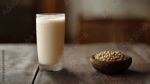 Obraz na płótnie Soy milk served in tall glass beside small wooden bowl of soybeans on weathered table, capturing rustic kitchen setting with plant-based nutrition in natural light and warm earth tones w salonie