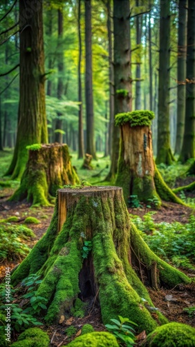 Obraz na płótnie Abandoned tree stumps and uprooted trunks in a once-thriving forest w salonie