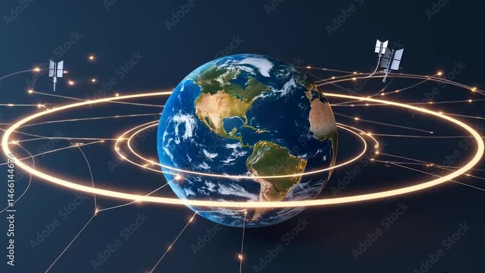 The animation shows Earth rotating slowly, surrounded by glowing ...