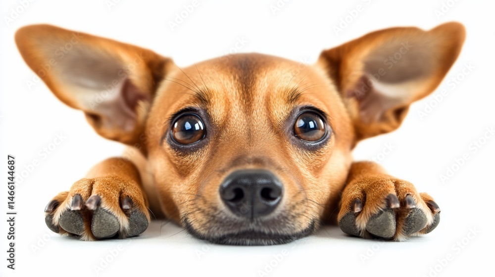 Obraz premium Adorable small brown dog with big ears lying down, looking directly at the camera on white background.