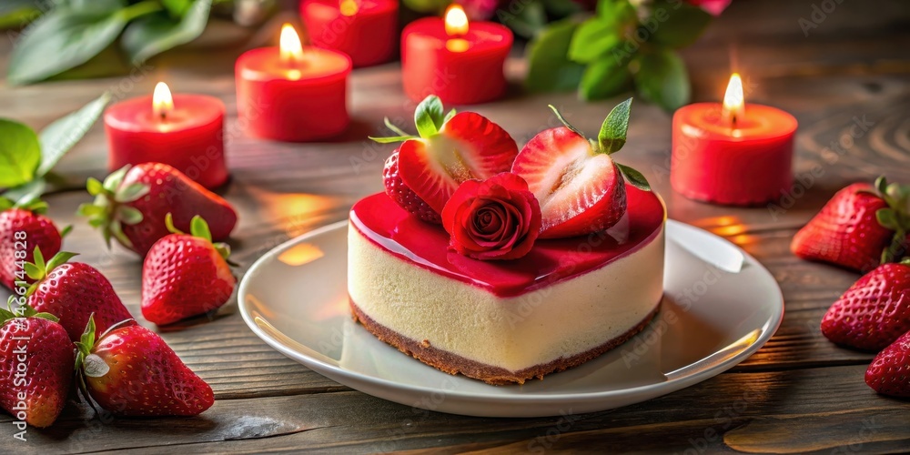 Heart-shaped mousse cake on a white plate surrounded by fresh strawberries and red roses in a romantic setting, with soft candlelight falling onto it , dessert table, strawberry Heart-shaped mousse cake on a white plate surrounded by fresh strawberries and red roses in a romantic setting, with soft candlelight falling onto it , dessert table, strawberry