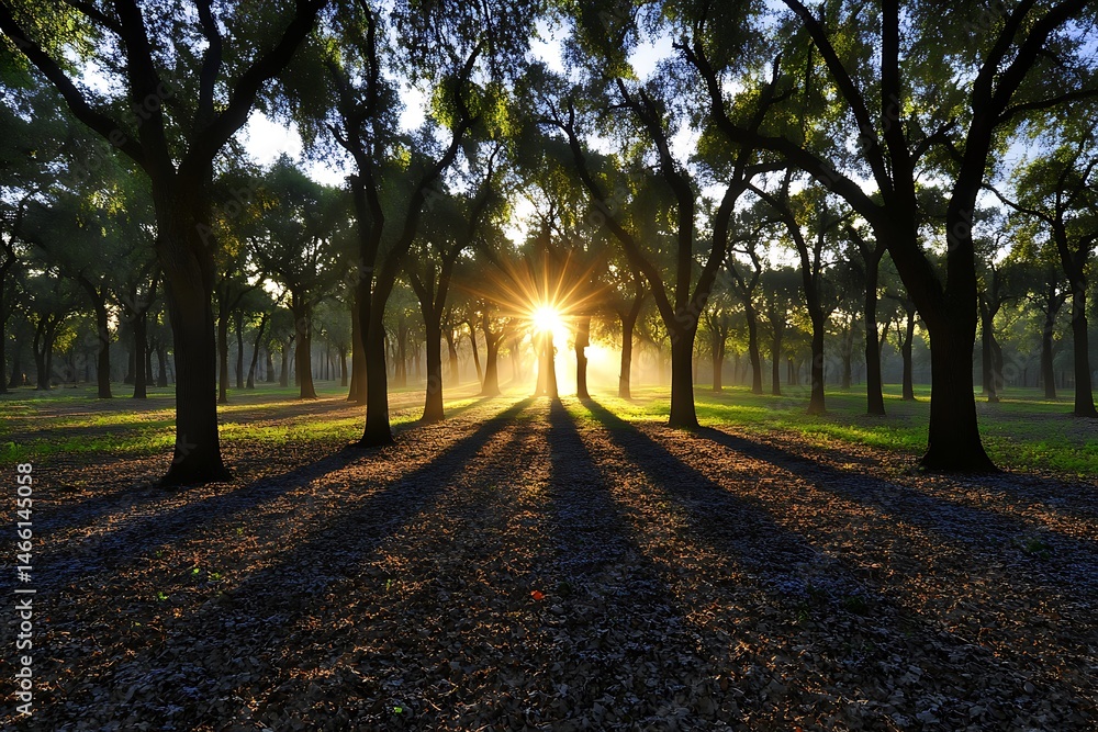 Obraz premium Majestic Sunrise Beams Through Ancient Oak Trees in a Serene Forest