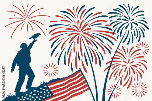Celebrating Independence: A patriotic silhouette against a backdrop of fireworks and an American flag, symbolizing freedom, democracy, and national pride.