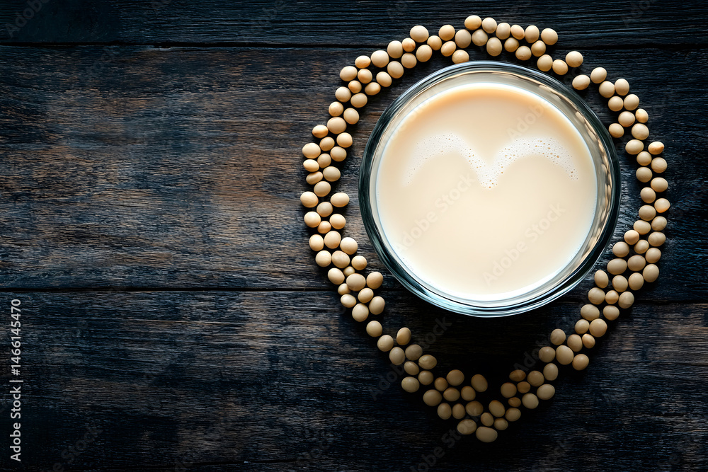Artistic top view of soy milk in frosted glass surrounded by soybeans arranged in heart shape on dark wood, capturing vegan lifestyle, love for plant nutrition, and rustic kitchen elegance