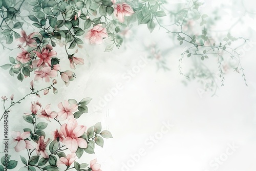 Floral Elegance: Soft pink blossoms and delicate green leaves create a serene atmosphere