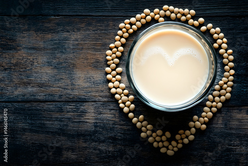 Obraz na płótnie Artistic top view of soy milk in frosted glass surrounded by soybeans arranged in heart shape on dark wood, capturing vegan lifestyle, love for plant nutrition, and rustic kitchen elegance w salonie