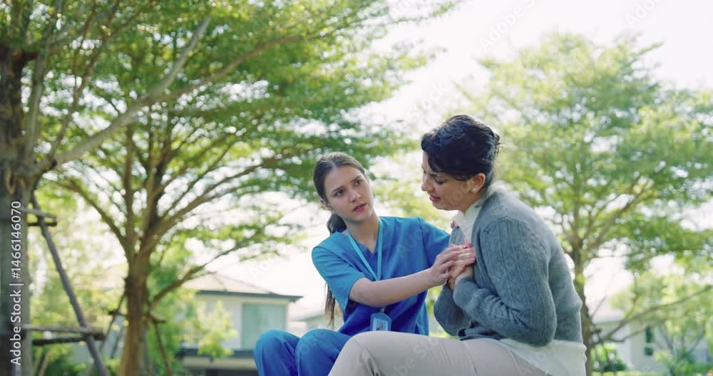Portrait young Asian nurse helping elderly woman with chest pain in outdoor park, emergency support and compassionate caregiving in nature
Portrait young Asian nurse helping elderly woman with chest pain in outdoor park, emergency support and compassionate caregiving in nature