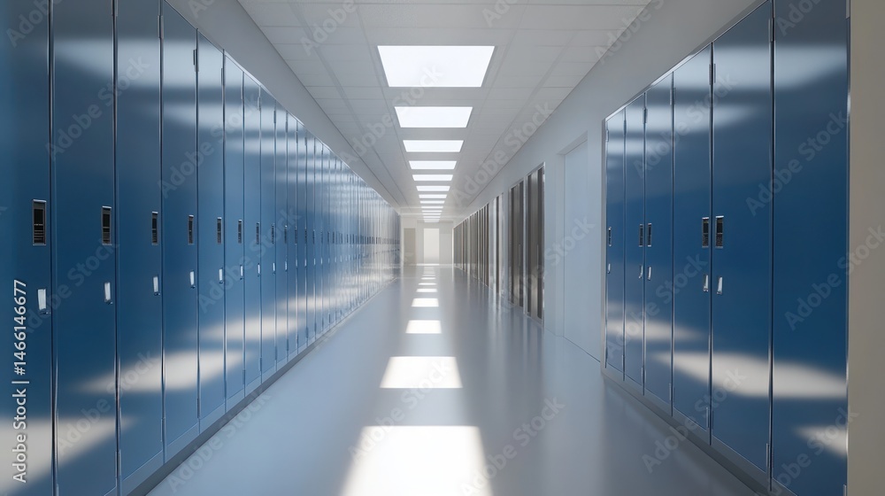 Empty school hallway with blue lockers. Sunlight streams down the center of the long corridor, illuminating the polished floor. The walls are a light Empty school hallway with blue lockers. Sunlight streams down the center of the long corridor, illuminating the polished floor. The walls are a light