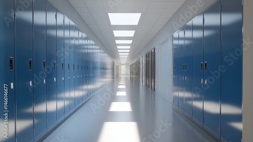 Empty school hallway with blue lockers. Sunlight streams down the center of the long corridor  illuminating the polished floor.  The walls are a light 