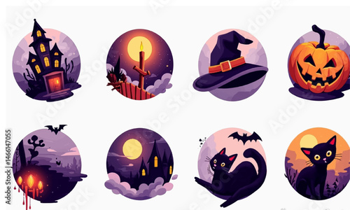 Halloween-themed vector art features spooky and festive designs such as pumpkins, ghosts, witches, bats, and haunted houses, all created with clean, scalable lines and vibrant seasonal colors like ora
