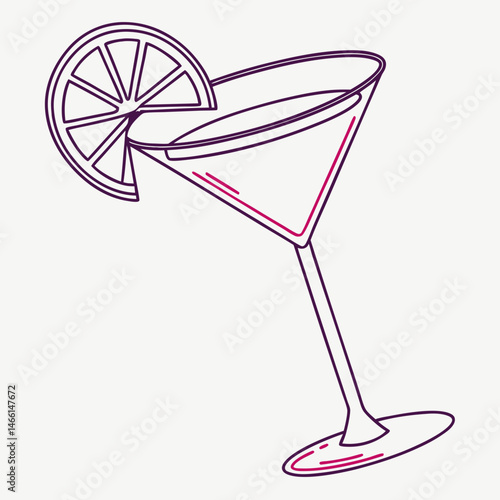 Minimalist martini glass with lemon twist, neon line art