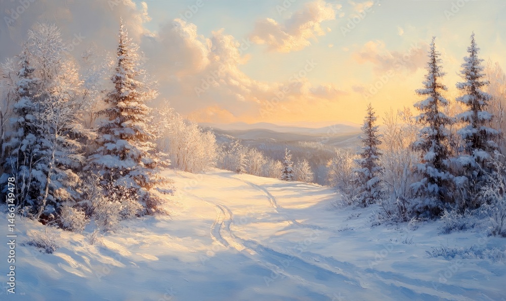 serene depiction of a snow-covered hill framed by frosted trees, with sunlight casting golden light over the snowy scene, Generative AI serene depiction of a snow-covered hill framed by frosted trees, with sunlight casting golden light over the snowy scene, Generative AI