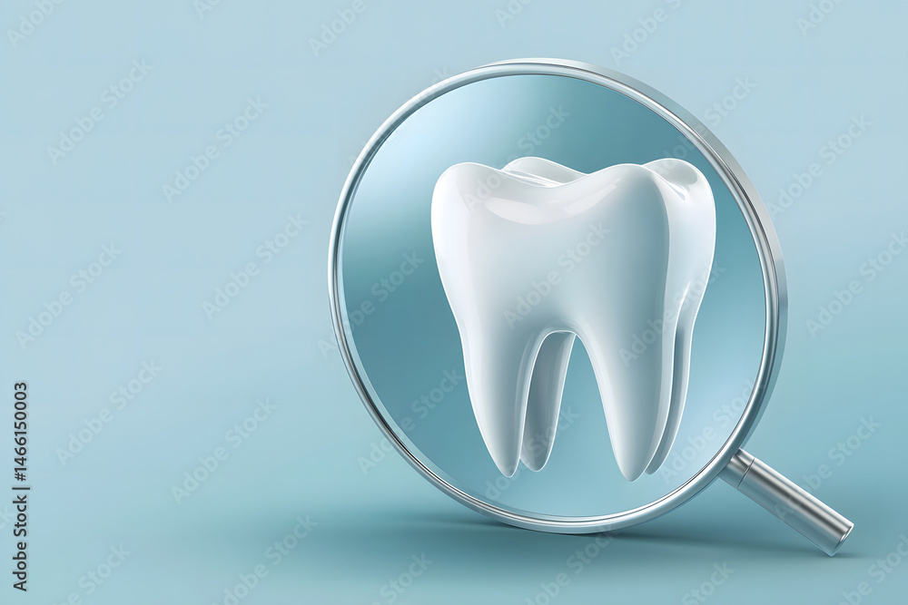 shiny dental mirror reflecting healthy tooth on soft blue gradient background in clean 3D vector style, illustrating oral inspection tools used in modern professional healthcare settings.