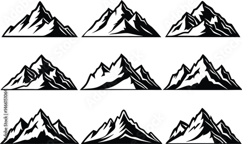 Black and White Mountain Shiloutee design, mountain, hill, cave, waterfall, set, etc.