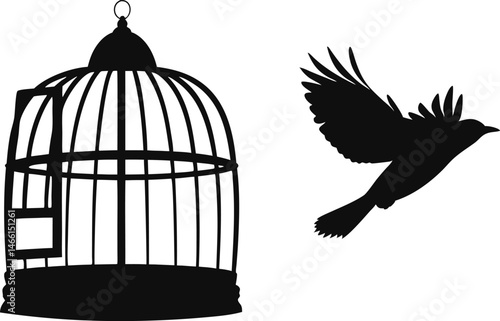 Silhouette of an Open Birdcage with a Flying Bird. Freedom and Liberation Concept Art for Inspirational Stock Illustrations and Designs