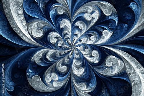 abstract holiday design featuring swirling silver and blue patterns forming an intricate snowflake motif, Generative AI
