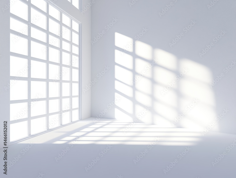 Empty white room with large window. Sunlight casts shadows on the walls Empty white room with large window. Sunlight casts shadows on the walls