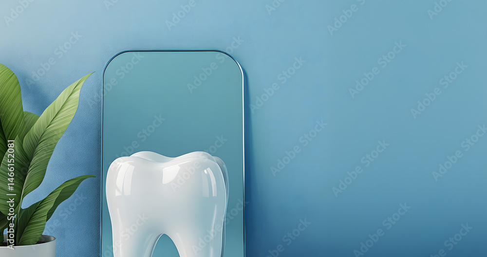 Minimalist 3D concept of dentist mirror and tooth displayed in clean square poster format on soft blue background, symbolizing precision, oral care, and modern clinical hygiene.