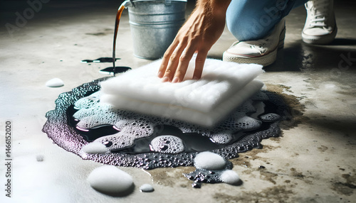 Close-up of white industrial absorbent pads soaking up oil spill on concrete floor.